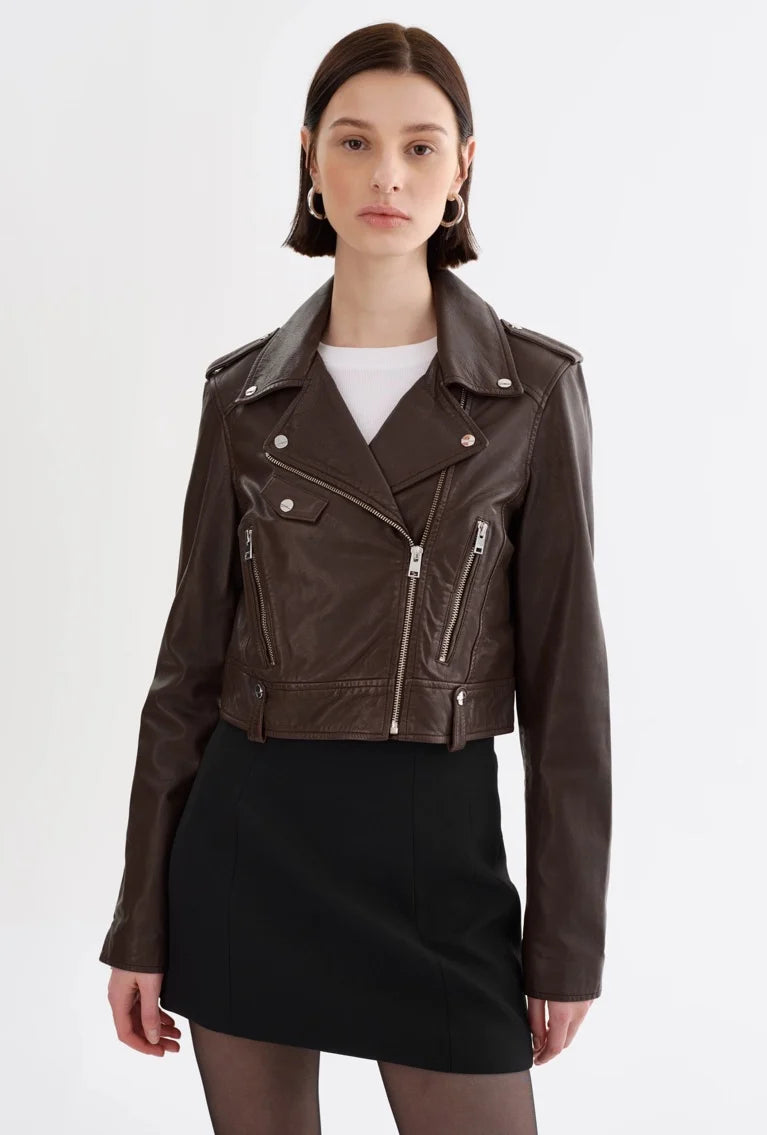 Lamarque  - Ciara Cropped Biker Jacket | Dark Brown