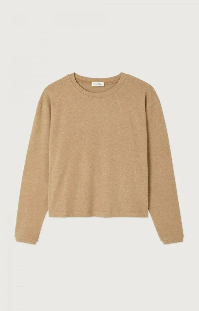 American Vintage Ypawood long sleeve top in Macchiato Melange, soft fabric, casual fit, showcasing the neutral-colored top on a plain background.