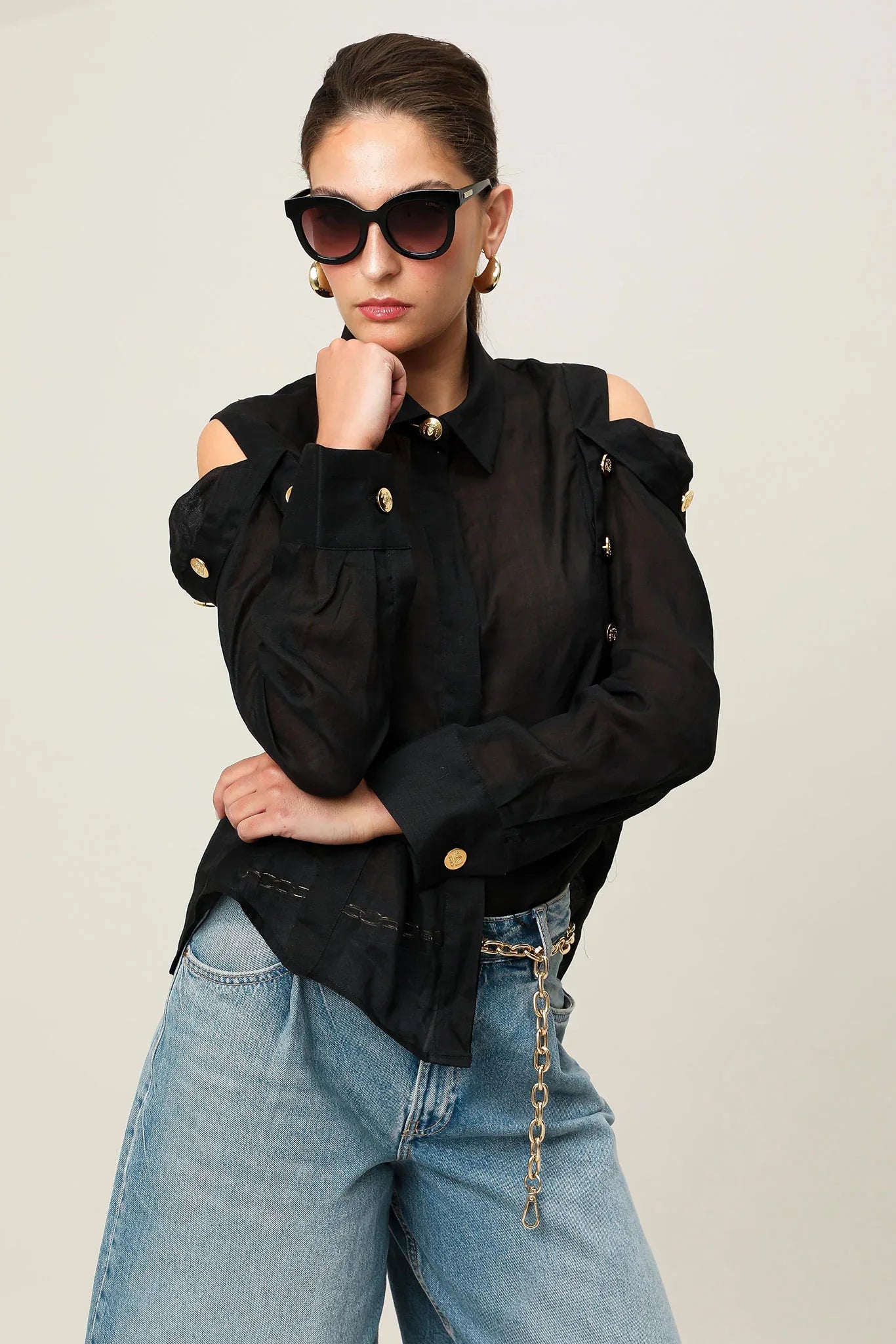 Black Realm Origin Vivre Shirt displayed flat, showing its smooth fabric, classic collar, and button-front design.
