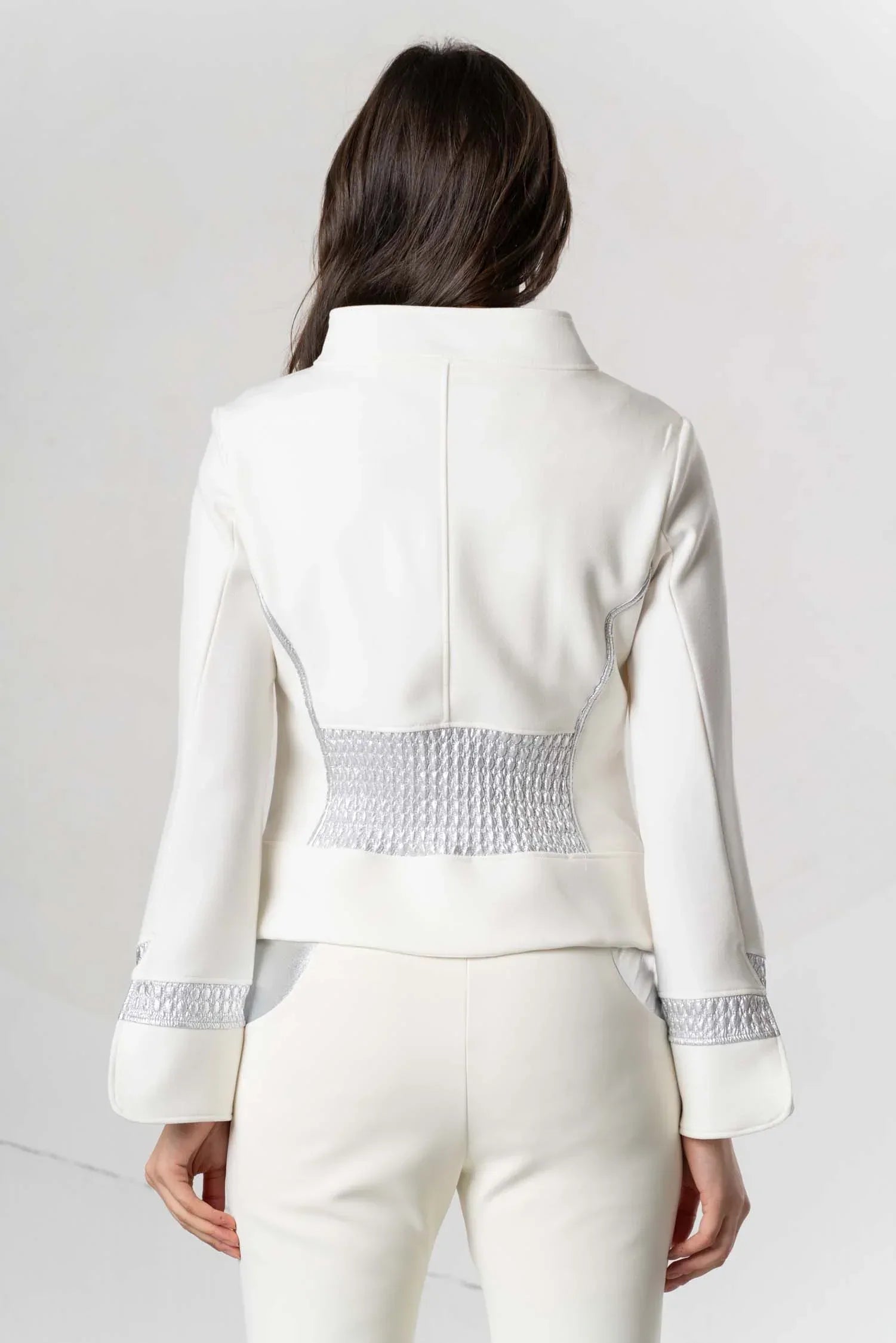 Silver jacket by Elisa Cavaletti with detailed embellishments, showcasing stylish design and elegant craftsmanship.