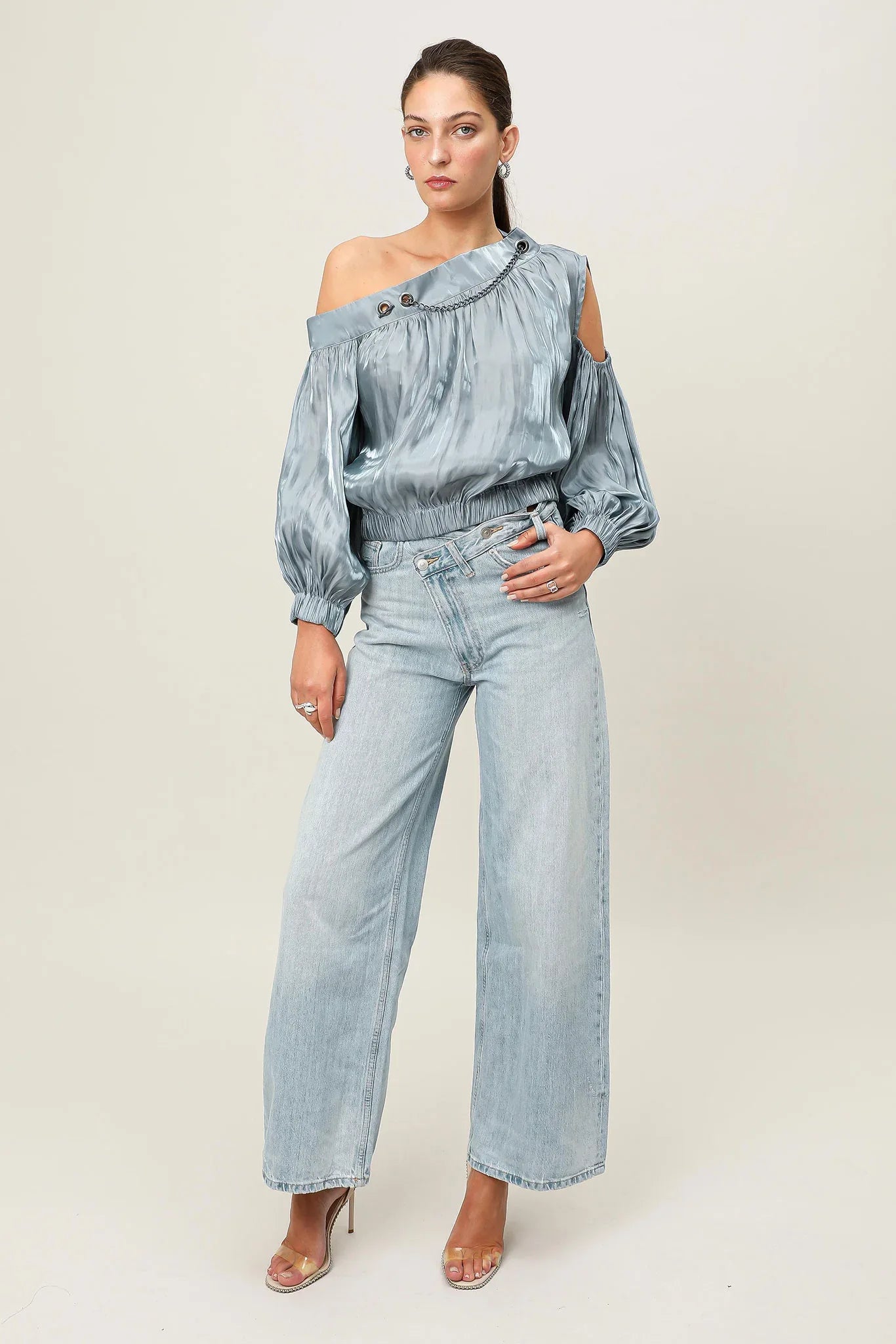 Steel blue Realm Origin Etoile Top featuring a stylish design, shown on a model with a close-up of the fabric and fit.
