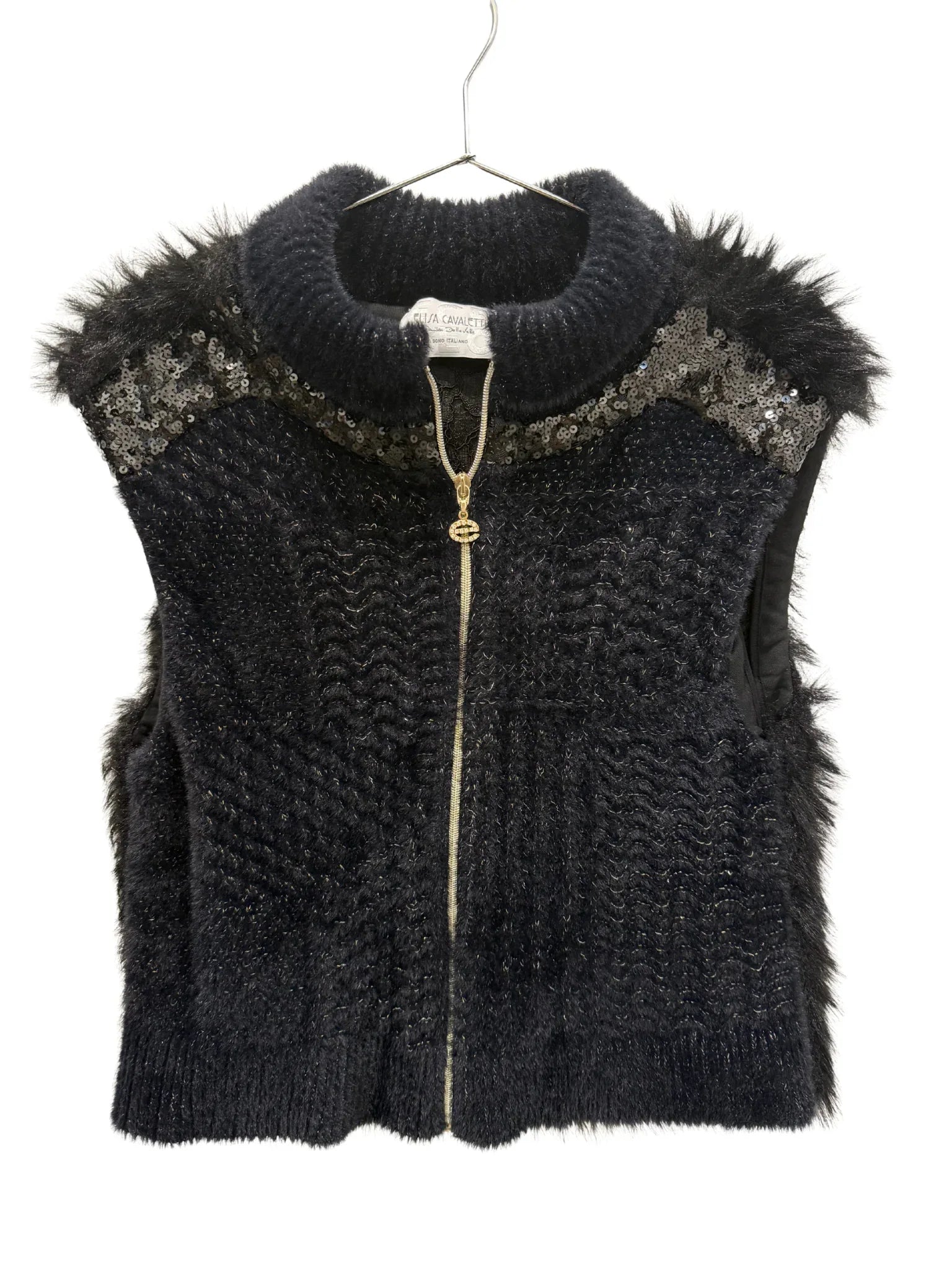 Black Elisa Cavaletti gilet with sequin embellishments, showcasing a stylish sleeveless vest with shimmering details.