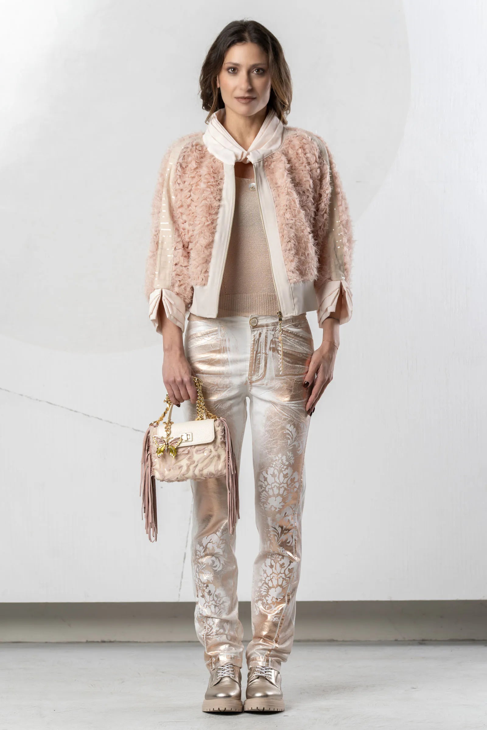 Elisa Cavaletti - Rose Gold White Denim Detailed Trousers