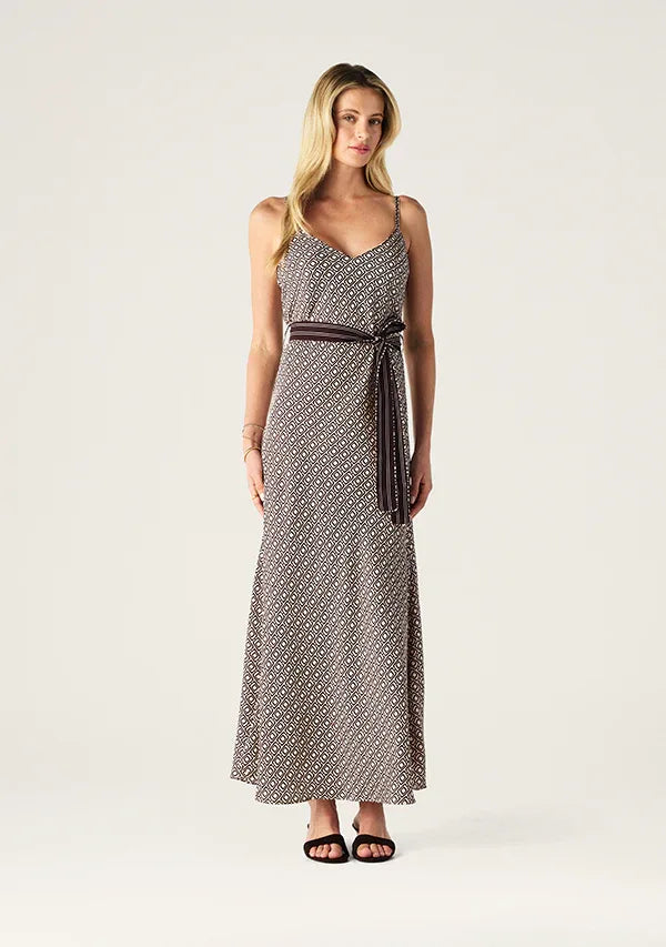 Mos the Label Prismic print maxi dress with strappy design, featuring vibrant mosaic pattern and flowing silhouette.