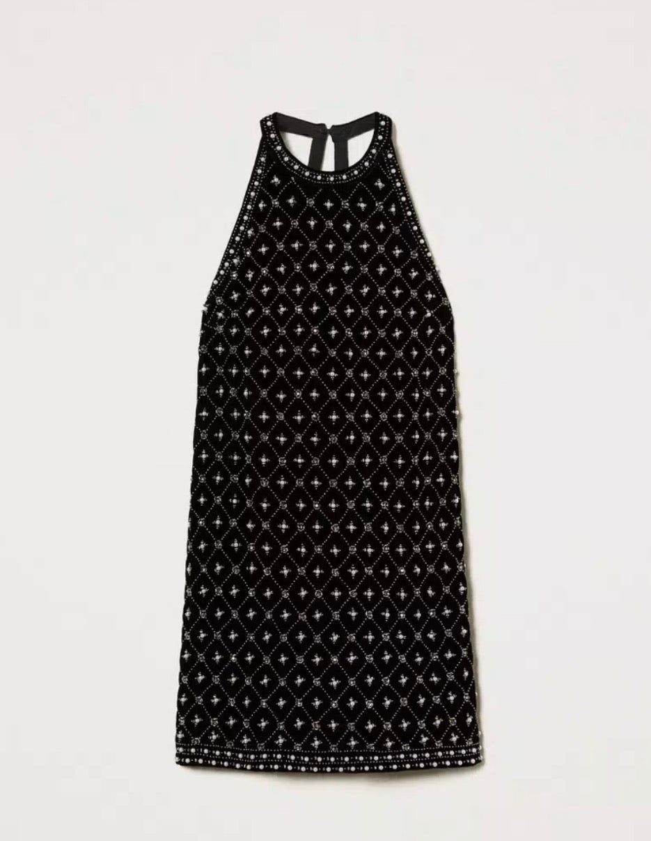 Twinset - Short embroidered velvet halter dress