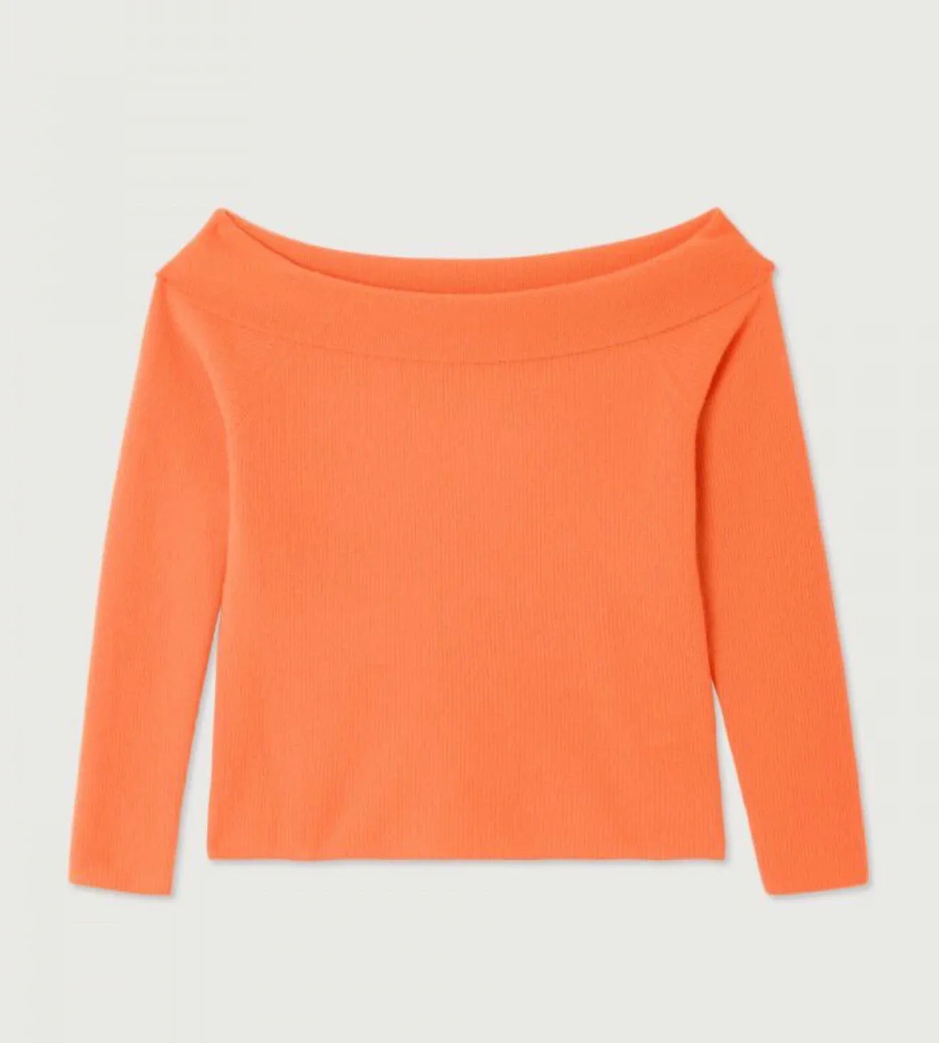 American Vintage Raxow 18J off-shoulder sweater in vibrant orange Madlar, featuring a cozy knit design and relaxed fit.