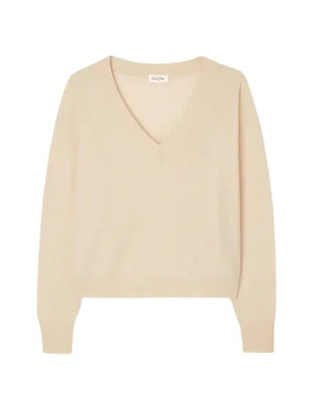 American Vintage Raxow V-neck sweater in natural color, showcasing a soft, knit design and classic fit.