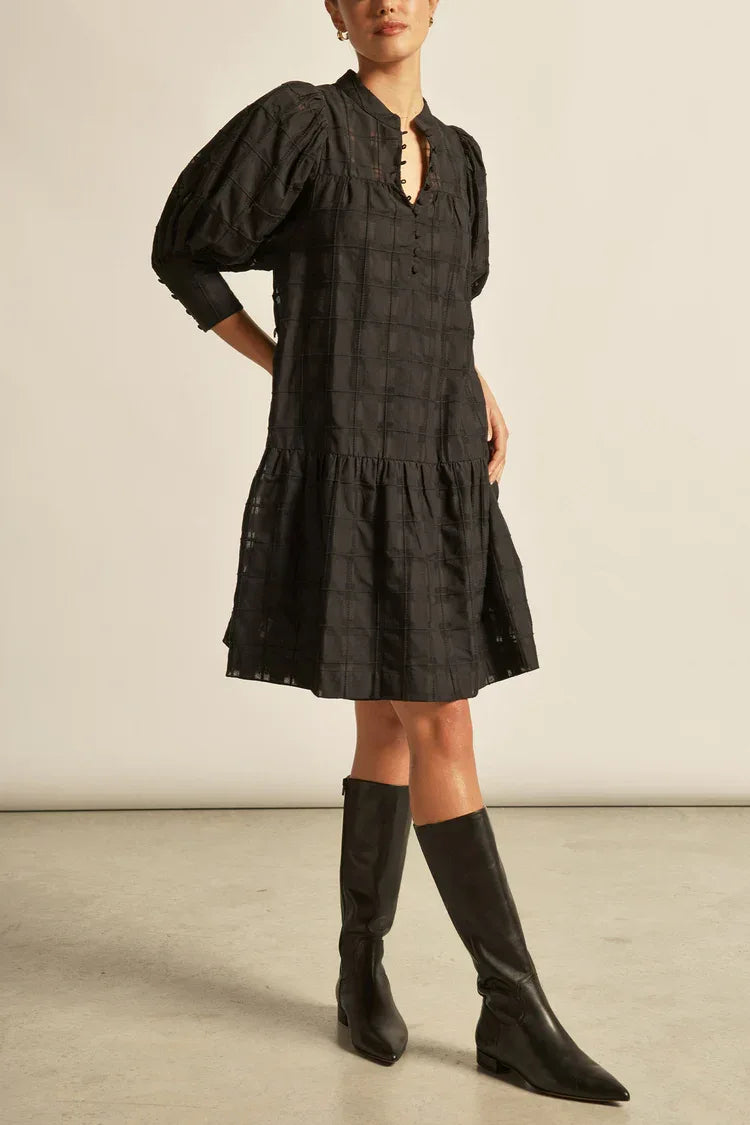 Zoe Kratzmann Paloma Dress in black check pattern, stylish knee-length dress with long sleeves and a fitted silhouette.