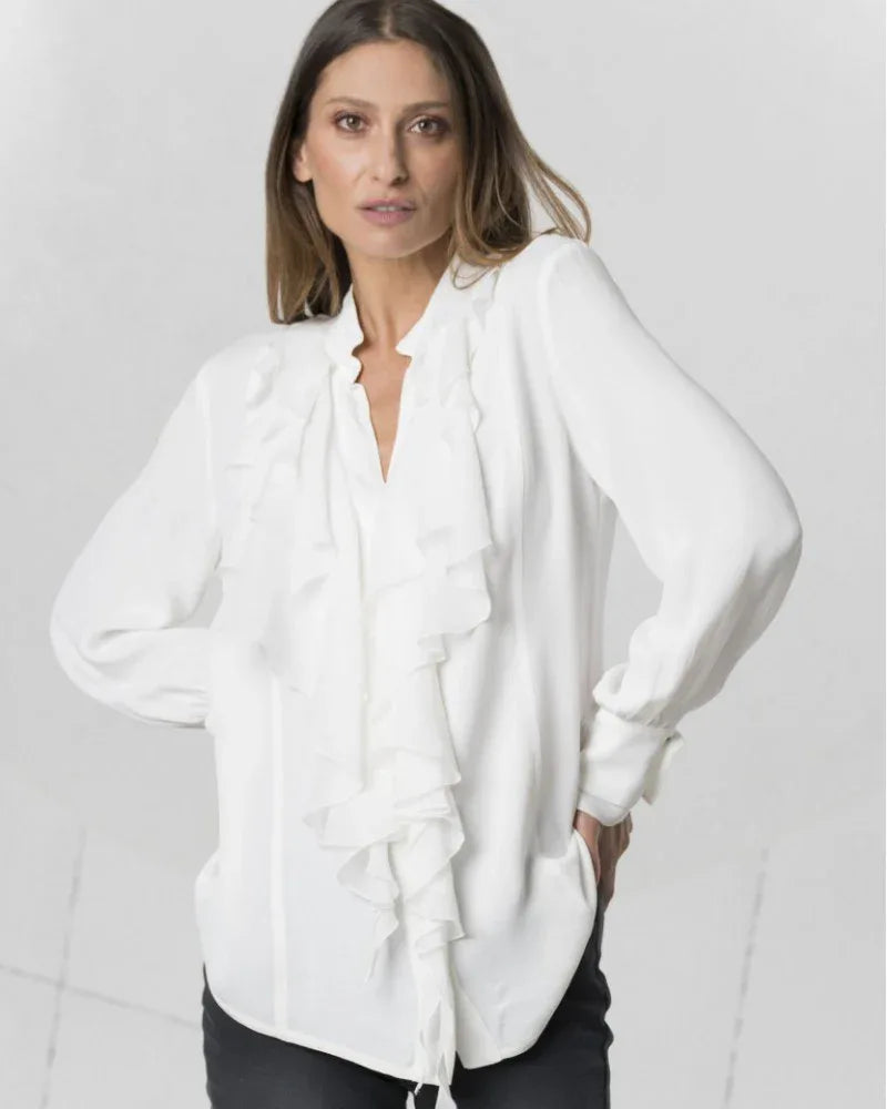 Off white Elisa Cavaletti ruffle blouse with delicate layered ruffle details and long sleeves, elegant and feminine.