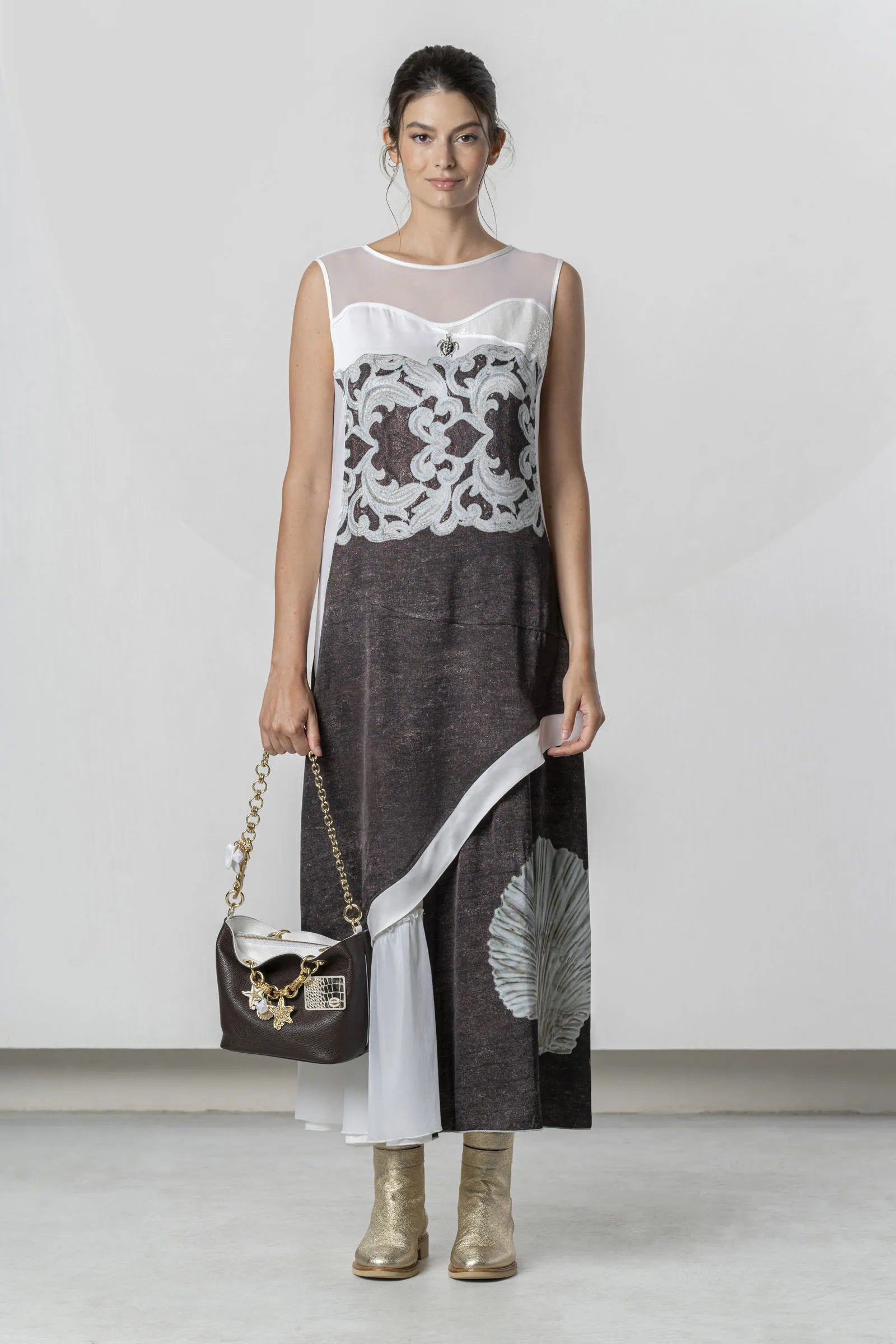 Elisa Cavaletti - White Dress with Brown Maxi Print