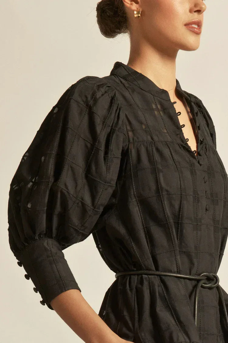 Black check Zoe Kratzmann Paloma Dress with a relaxed fit, featuring long sleeves and a knee-length hem.