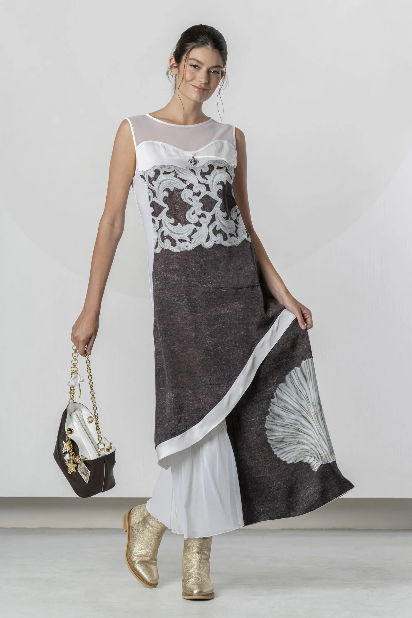 Elisa Cavaletti - White Dress with Brown Maxi Print
