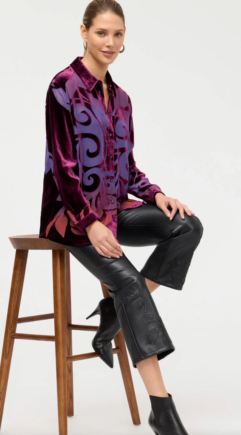 Johnny Was Bess button-down shirt with floral pattern, lightweight fabric, and classic collar featuring intricate embroidery details.