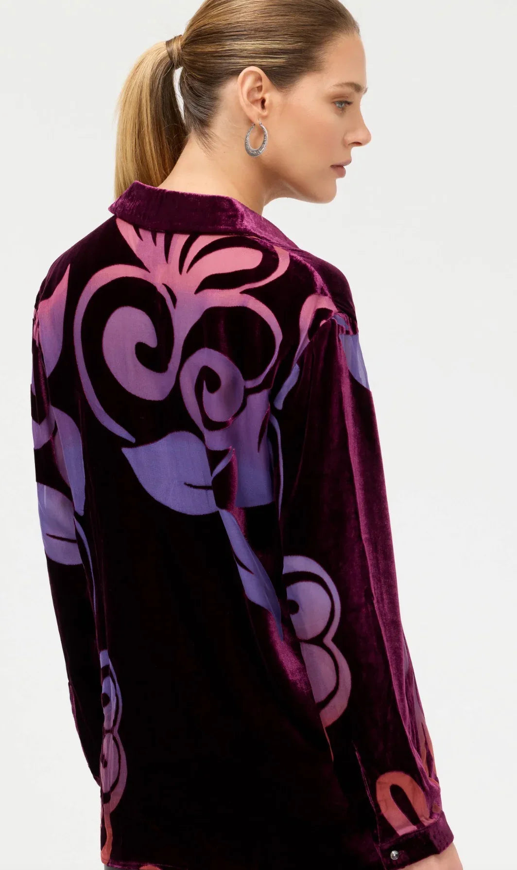 Johnny Was Bess button-down shirt with floral pattern, featuring a collar and long sleeves, displayed on a hanger.