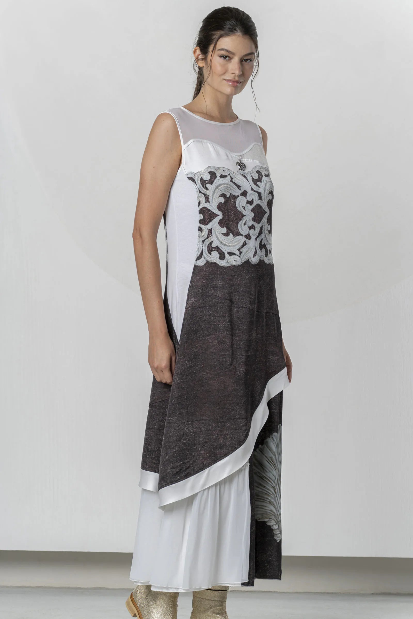 Elisa Cavaletti - White Dress with Brown Maxi Print