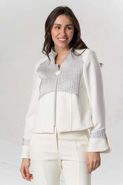 Silver jacket by Elisa Cavaletti with detailed stitching and stylish design, shown on a model.