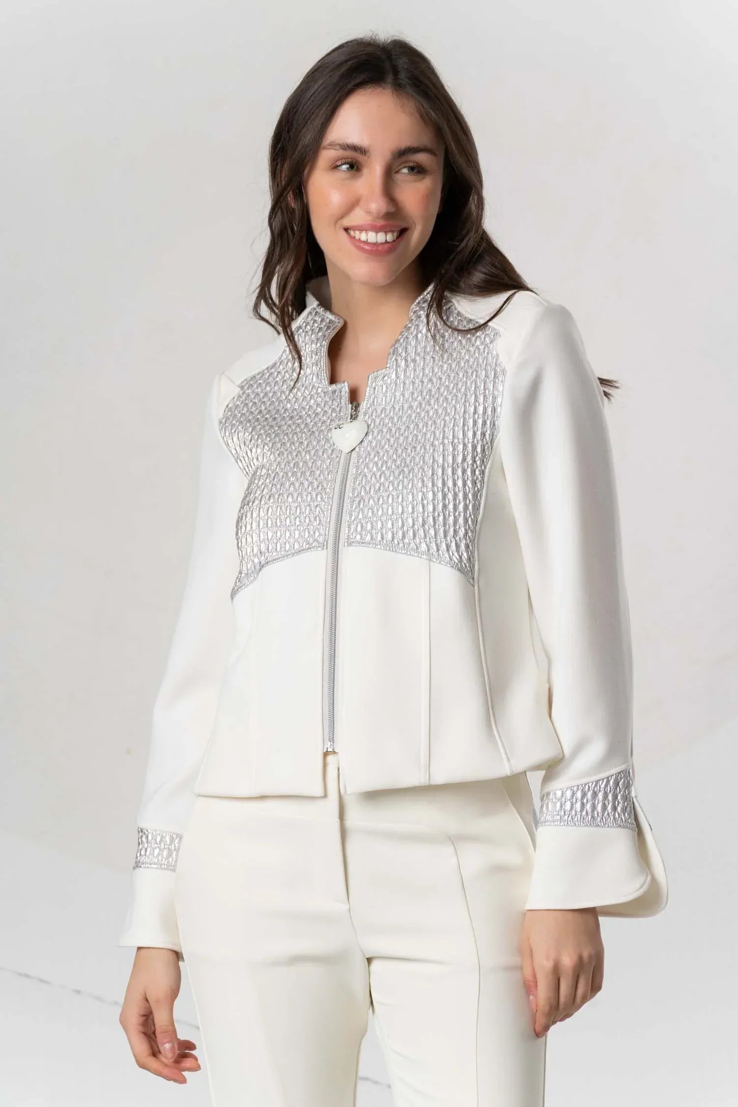 Silver jacket by Elisa Cavaletti with detailed stitching and stylish design, shown on a model.