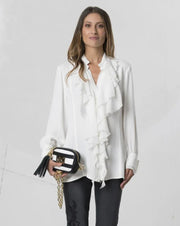 Off white Elisa Cavaletti ruffle blouse with delicate fabric and elegant design, showcased on a hanger.