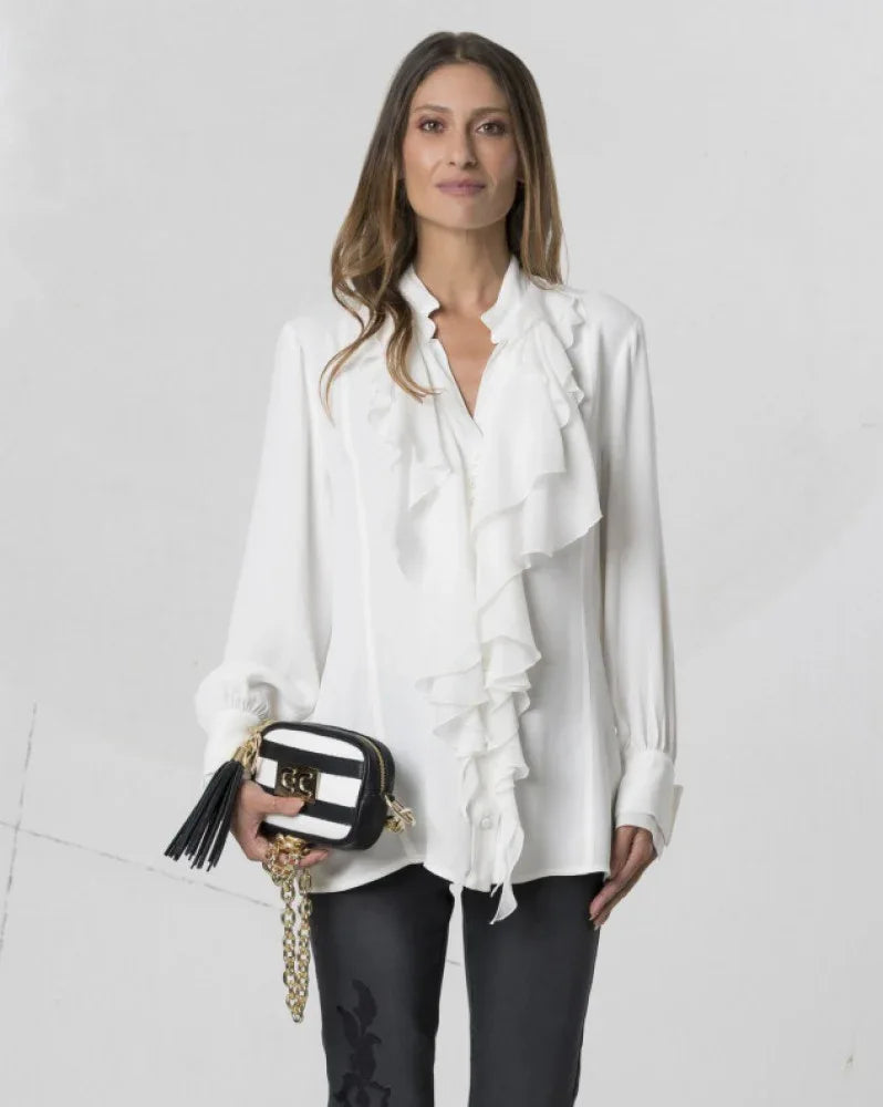 Off white Elisa Cavaletti ruffle blouse with delicate fabric and elegant design, showcased on a hanger.