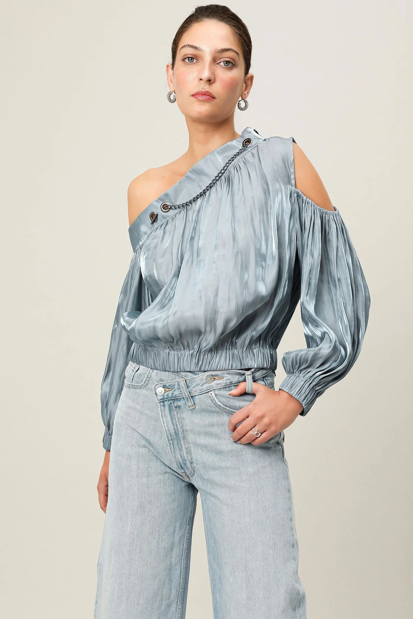 Steel blue Realm Origin Etoile Top featuring a fitted design and stylish neckline, displayed on a white background.