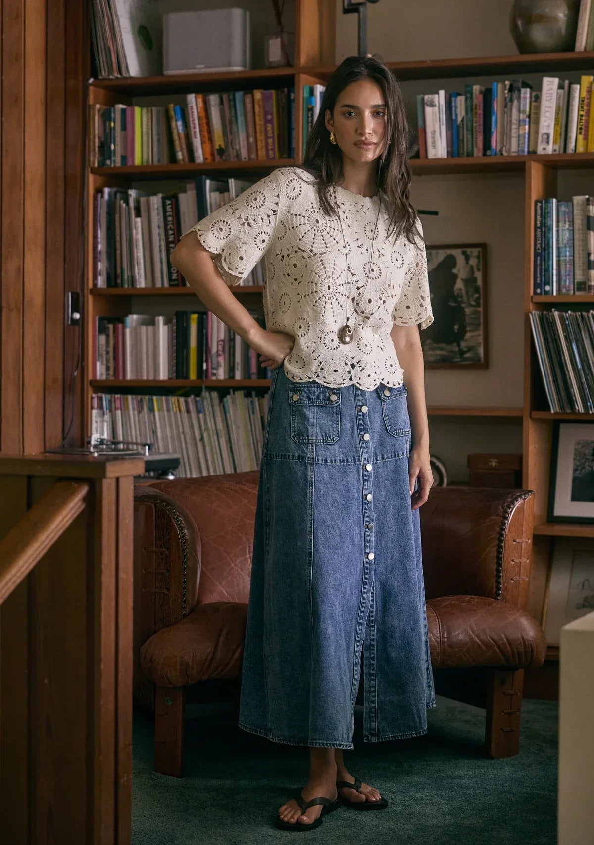 Aveline Denim Midi Skirt by Mos the Label, showcasing a stylish denim fabric and flattering mid-length design.