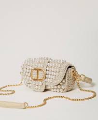 Twinset - Amie Beige Knitted Baguette Bag with Beads